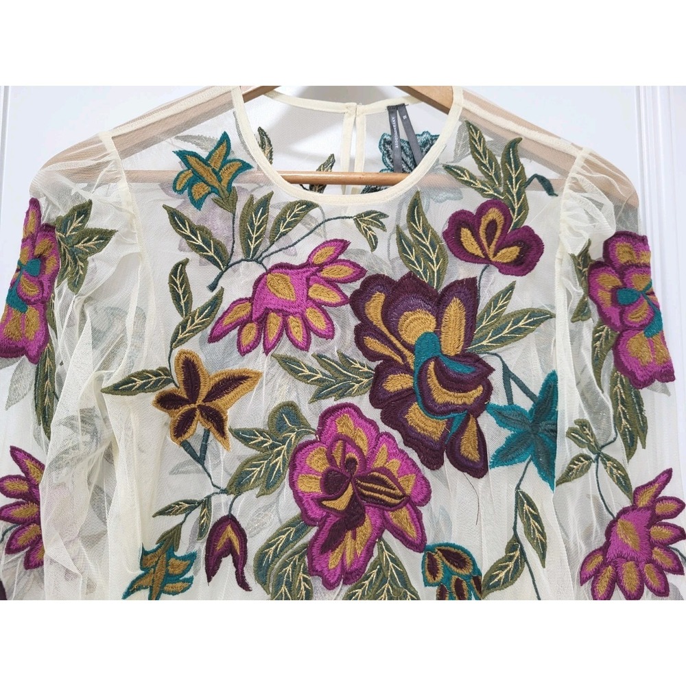 By Anthropologie Layla Sheer Multicolor Floral Embroidered Garden Fairy Top XS - Picture 2 of 7